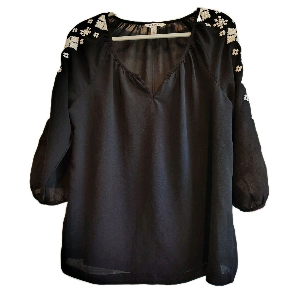 Old Navy Women’s Black Blouse Size Large Embroidered Boho 3/4 Sleeve Top
